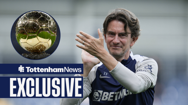 Tottenham manager Thomas Frank clapping and Ballon d'Or in circular inset