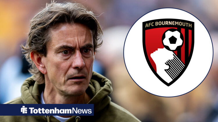 Thomas Frank looking concerned, Bournemouth badge in a circular inset.