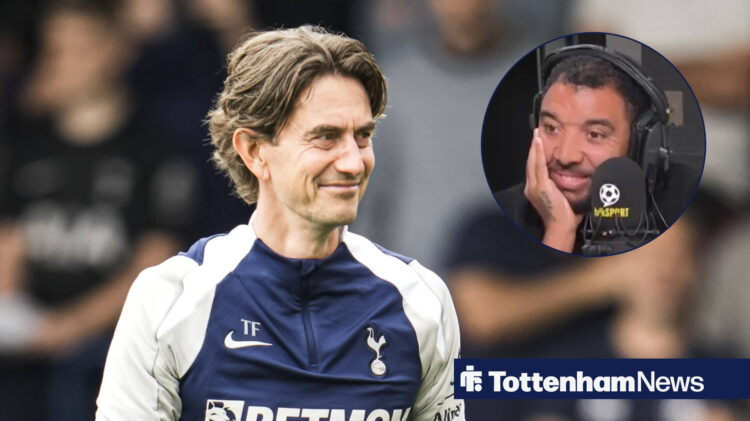 Tottenham manager Thomas Frank smiling, Pundit Troy Deeney in circular inset