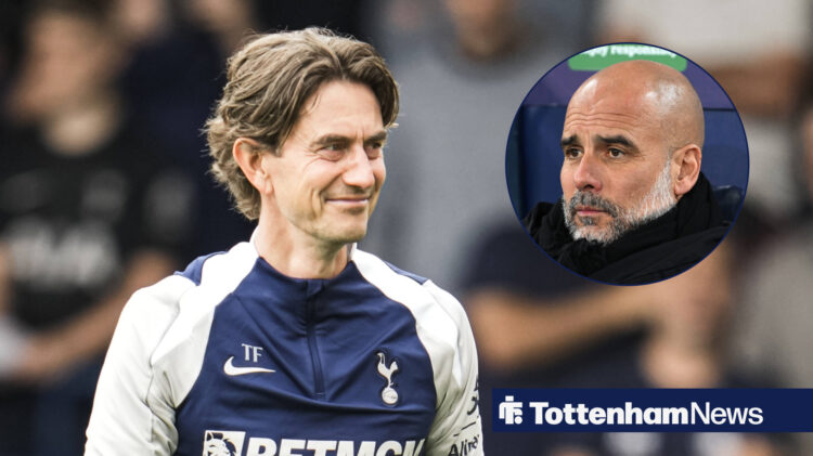Tottenham manager Thomas Frank smiling and Pep Guardiola in circular inset