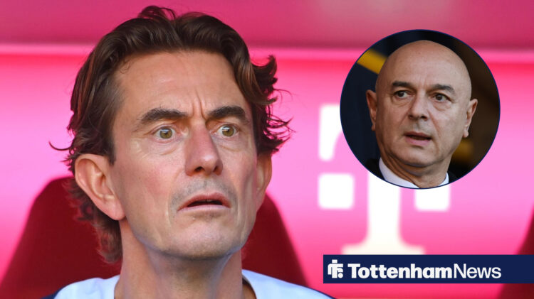 Thomas Frank looking shocked, with Daniel Levy in circular frame