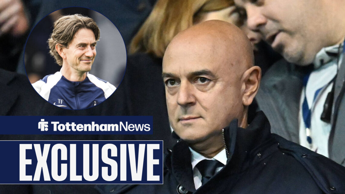 Tottenham News exclusive as chairman Daniel Levy stares into the distance, where Thomas Frank smiles back from a circular inset.