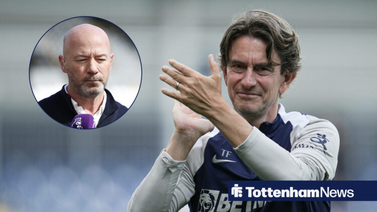 Thomas Frank clapping during Tottenham pre-season with Alan Shearer included in a circular inset
