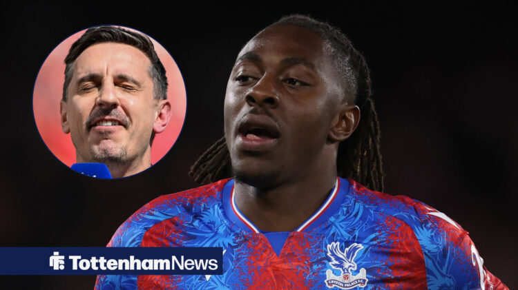 Arsenal midfielder Eberechi Eze playing for Crystal Palace, with Gary Neville laughing insert.
