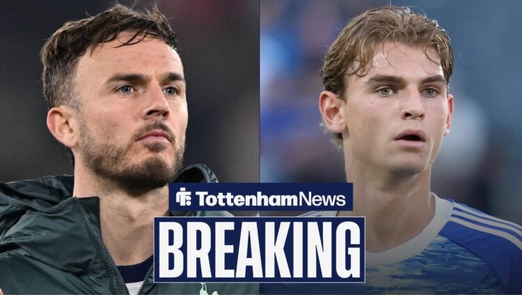 Tottenham midfielder James Maddison stares at Como's Nico Paz.