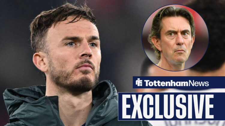 Tottenham manager Thomas Frank glances concernedly at midfielder James Maddison.