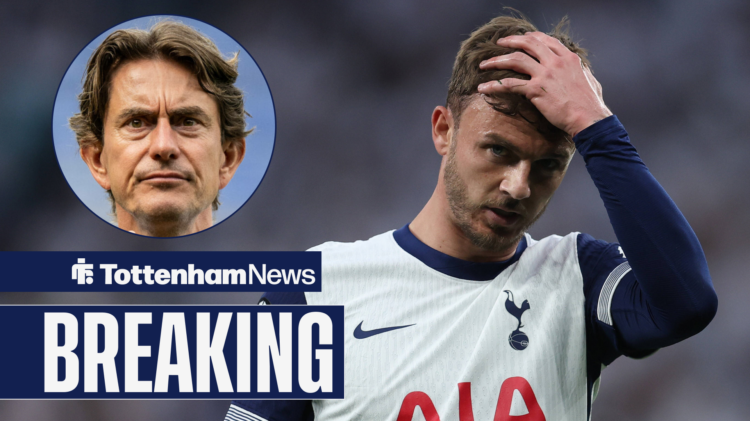 Tottenham midfielder James Maddison places his hand on his head as manager Thomas Frank looks on.