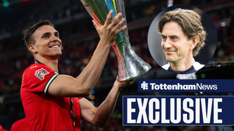 Tottenham News exclusive as Joao Palhinha lifts the Nations League trophy, while Tottenham manager Thomas Frank smiles and watches on.