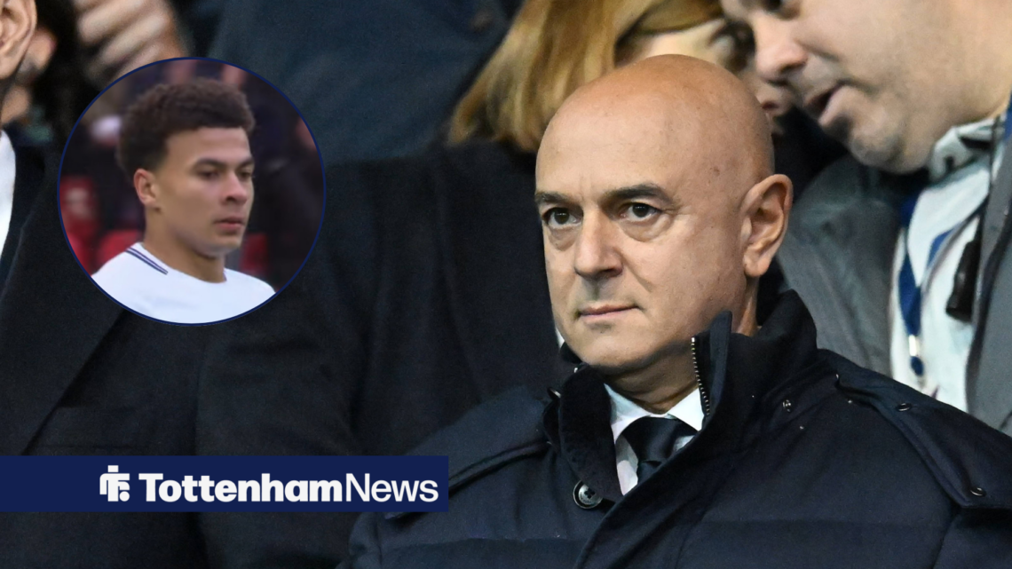 Tottenham chairman Daniel Levy looking serious towards the left, and Dele Ali in circular inset