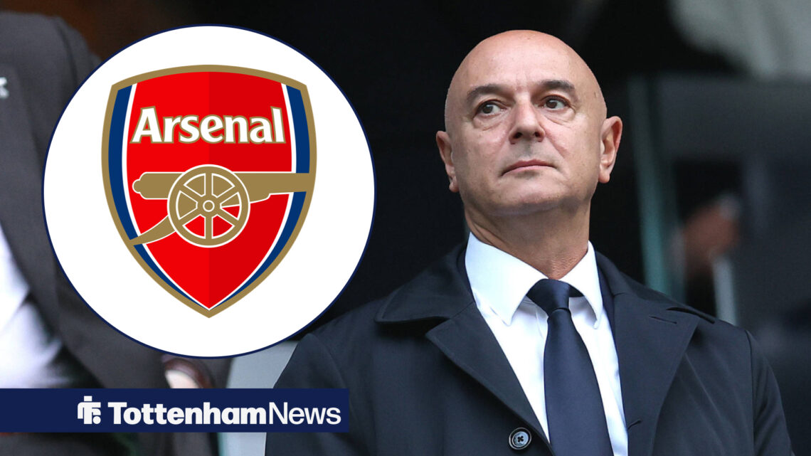 Tottenham chairman Daniel Levy looking serious and Arsenal badge in circular inset