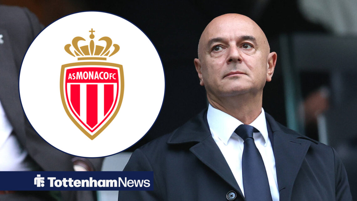 Tottenham chairman Daniel Levy looking left and Monaco badge circular inset