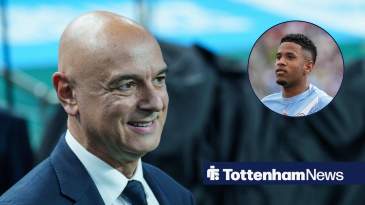 Tottenham chairman Daniel Levy smiling and Savinho during match day for Manchester City in circular inset