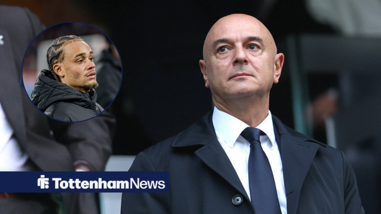 Tottenham chairman Daniel Levy glancing to his left looking serious and Tottenham target Xavi Simons