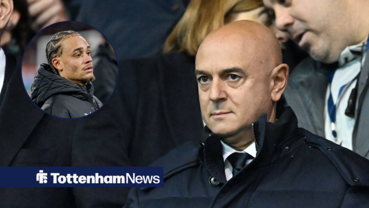 Tottenham chairman Daniel Levy looking sternly ahead and Xavi Simons in circular inset
