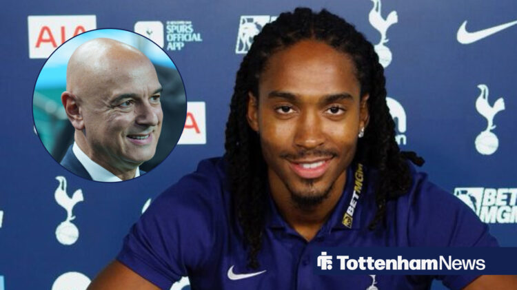 Djed Spence signing new contract, Daniel Levy in circular inset