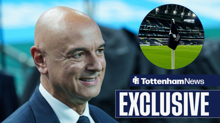 Tottenham chairman Daniel Levy smiling and Tottenham Hotspur Stadium