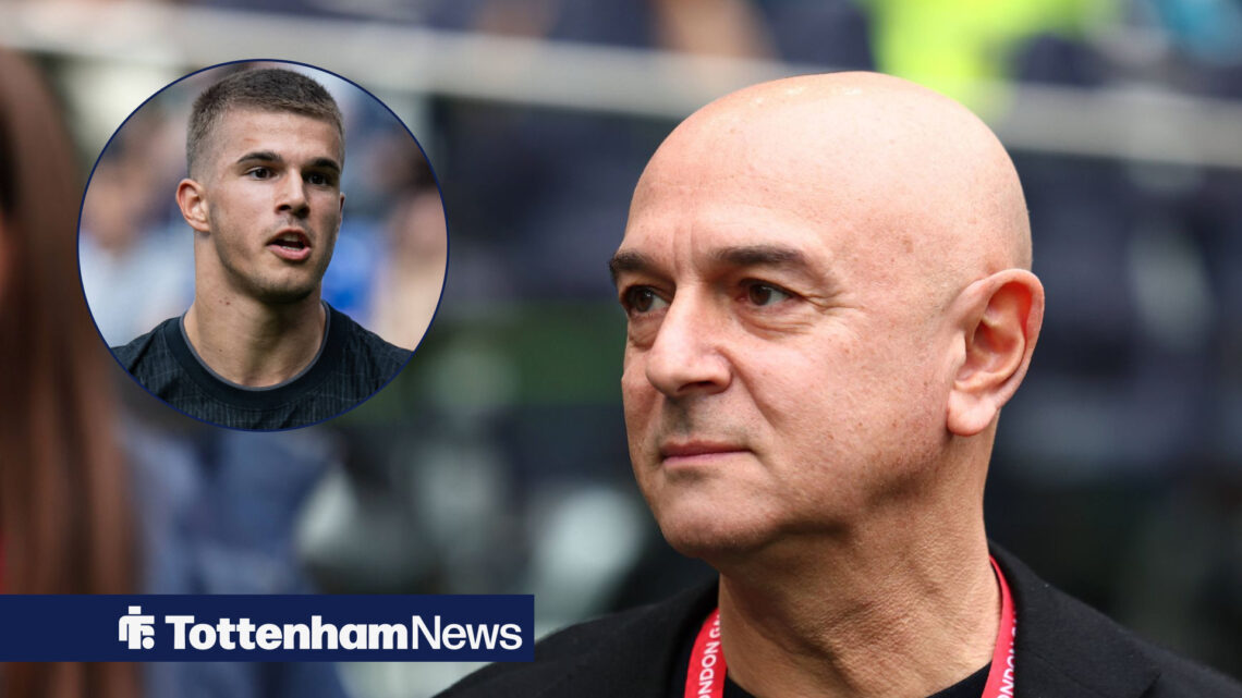 Tottenham chairman Daniel Levy looking serious and defender Luka Vuskovic in circular inset