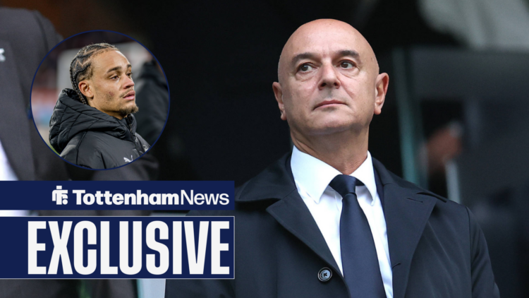 Tottenham chairman Daniel Levy looking serious and Xavi Simons in circular inset