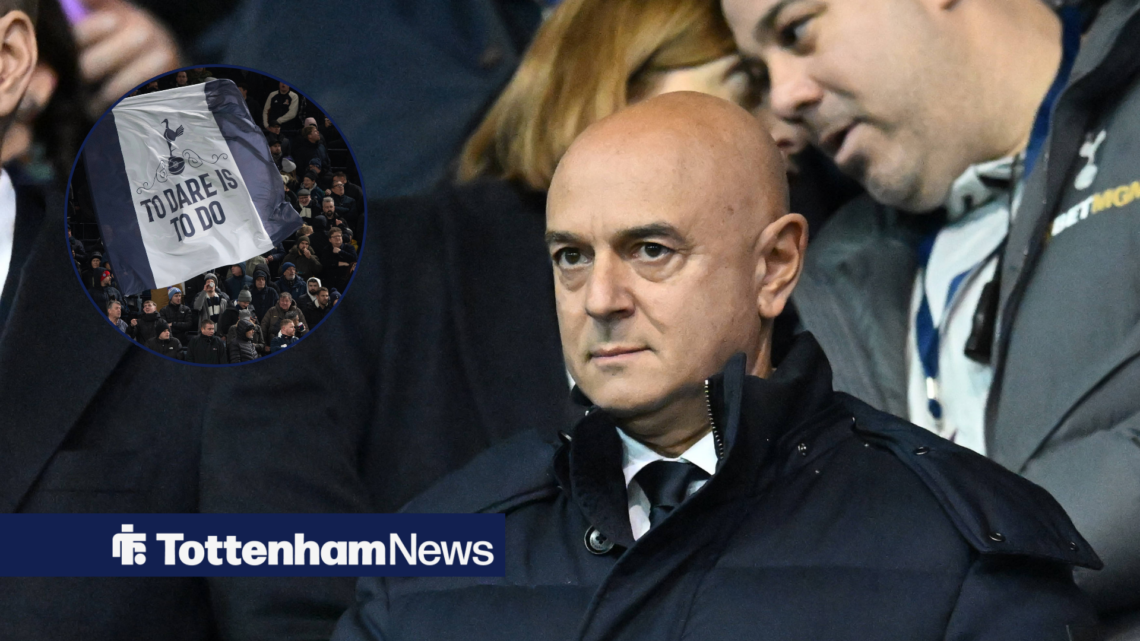 Tottenham chairman Daniel Levy focused ahead and Tottenham fans in circular inset