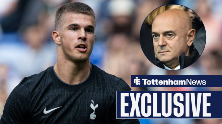 Tottenham News exclusive as chairman Daniel Levy glares at Luka Vuskovic from a circular inset.