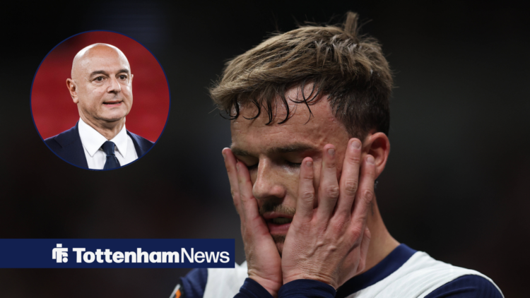 James Maddison looking gutted and Daniel Levy in circular inset
