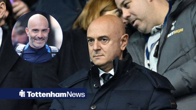 Tottenham chairman Daniel Levy looking focused and Enzo Maresca in circular inset