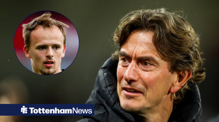 Tottenham manager Thomas Frank with Brentford midfielder Mikkel Damsgaard insert