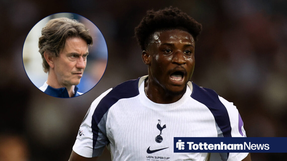 Mohammed Kudus in action for Tottenham as manager Thomas Frank watches on.