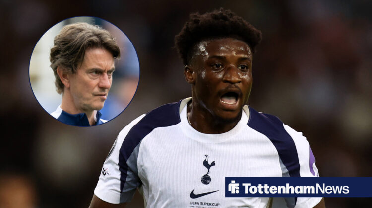 Mohammed Kudus in action for Tottenham as manager Thomas Frank watches on.