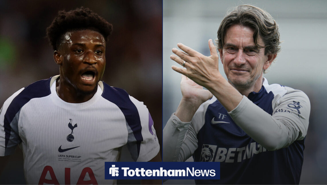 Tottenham manager Thomas Frank applauds winger Mohammed Kudus.