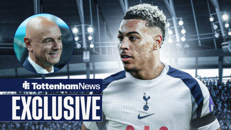 Tottenham News exclusive as Tottenham target Morgan Rogers glances at Daniel Levy, who smiles back from a circular inset.