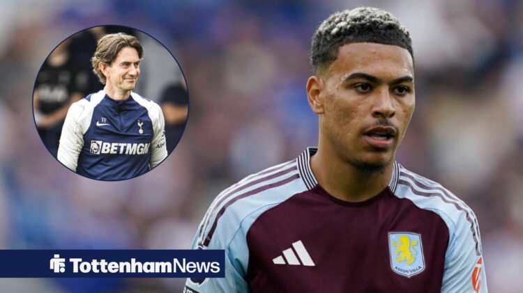 Morgan Rogers in an Aston Villa home shirt with Thomas Frank in circular inset