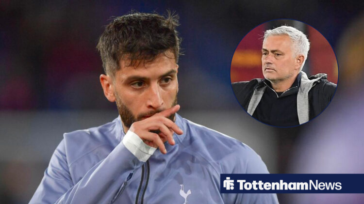Jose Mourinho in circular inset and Rodrigo Bentancur with Tottenham training kit