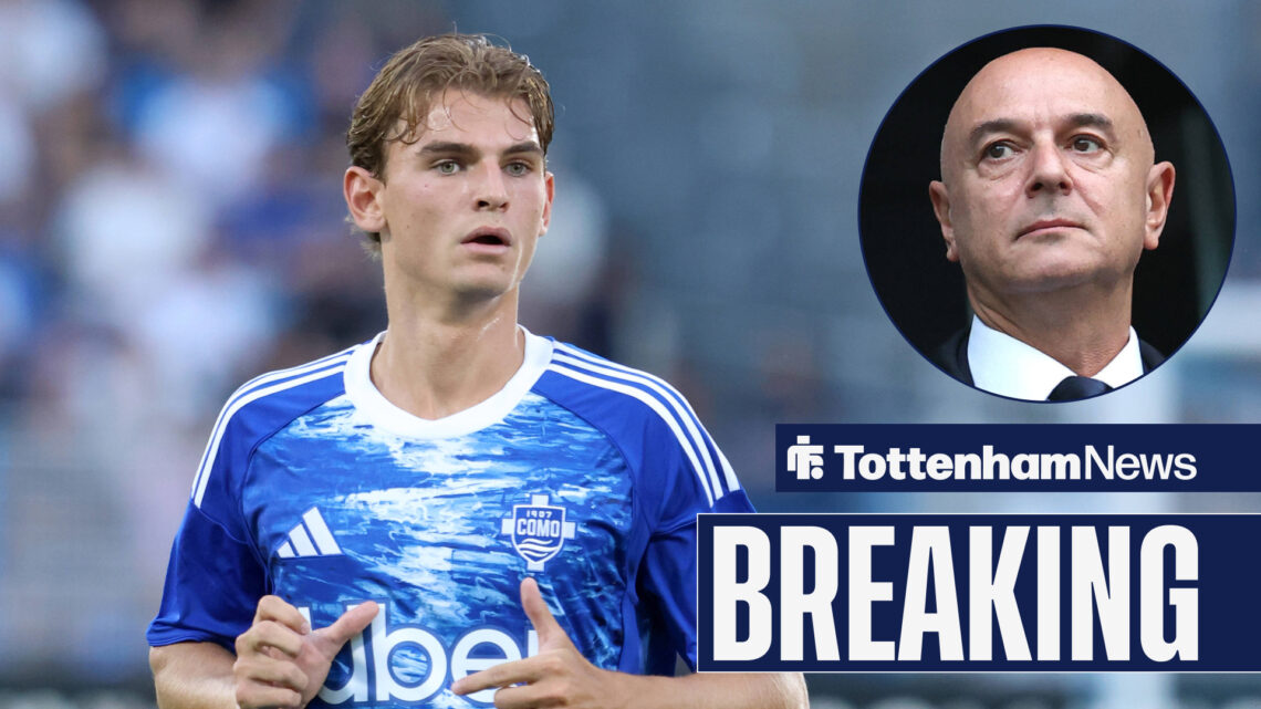 Como midfielder Nico Paz in action as Tottenham chairman Daniel Levy watches on from a circular inset.