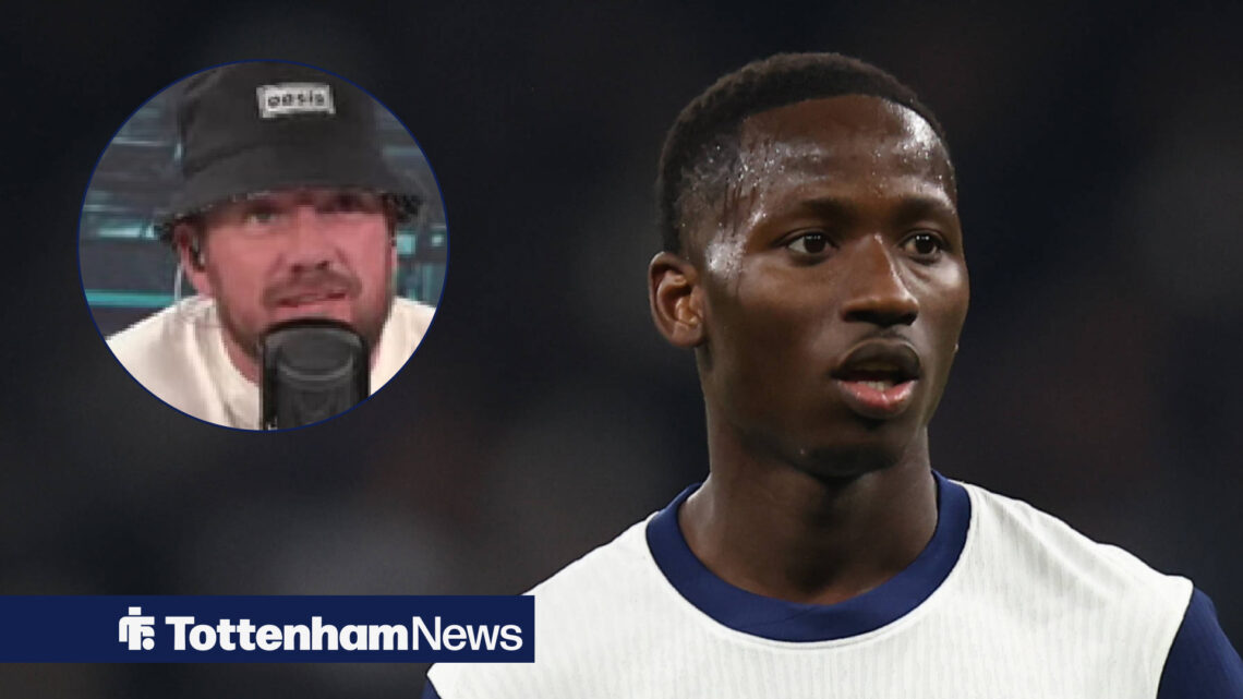 Pape Matar Sarr in Tottenham home shirt with Jamie O Hara in Oasis hat in circular inset