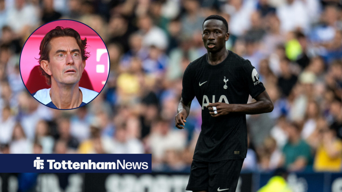 Pape Sarr in action for Tottenham, Thomas Frank in inlet.