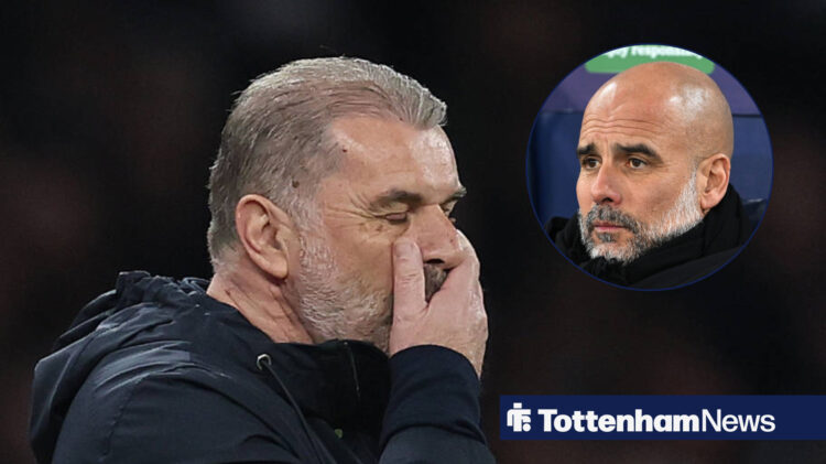 Former Tottenham manager Ange Postecoglou with hands in his face and Manchester City manager Pep Guardiola in circular inset