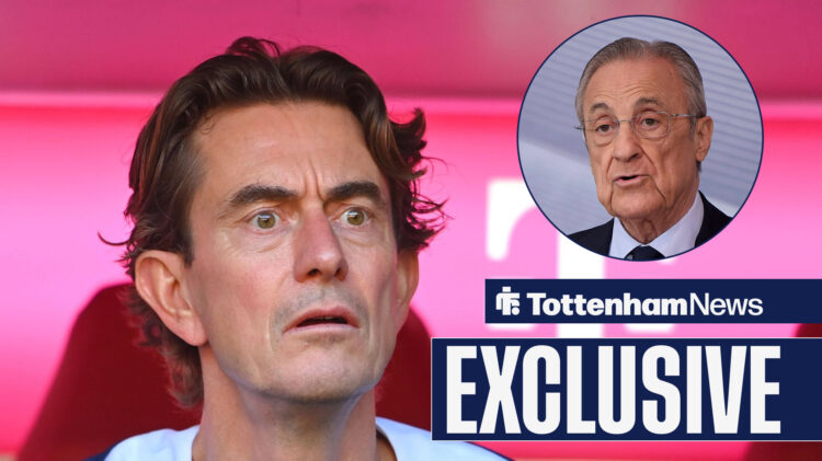 Tottenham manager Thomas Frank shocked and Real Madrid president Florentino Perez in circular inset