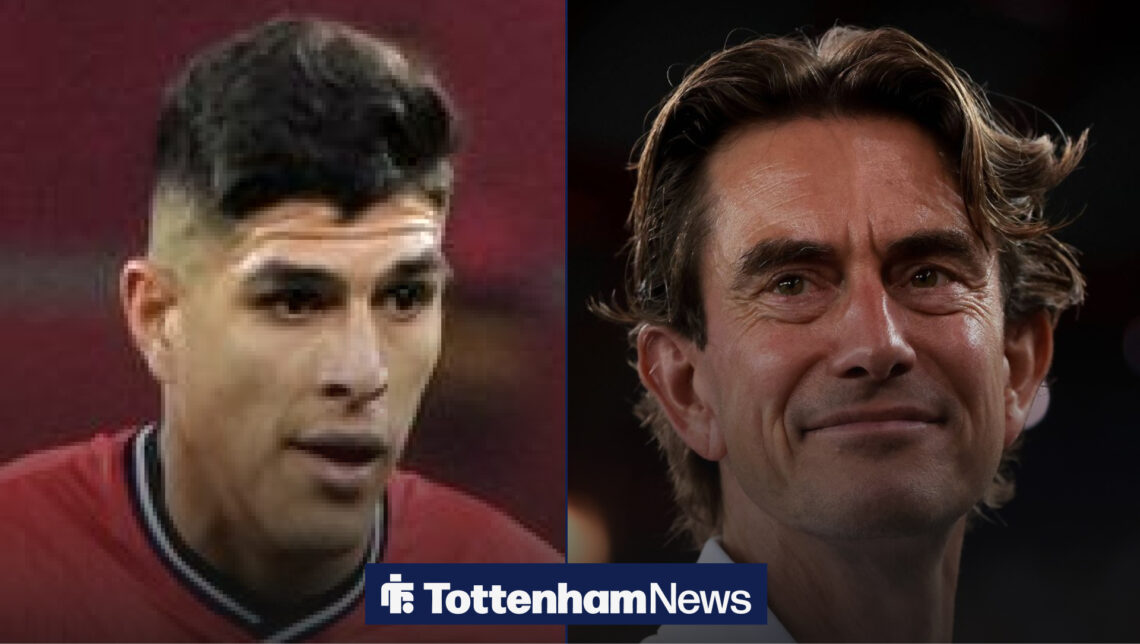 An image of Piero Hincapie playing for Bayer Leverkusen, next to an image of Thomas Frank smiling as Tottenham Hotspur manager
