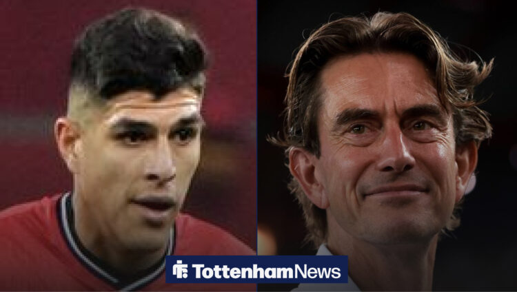 An image of Piero Hincapie playing for Bayer Leverkusen, next to an image of Thomas Frank smiling as Tottenham Hotspur manager