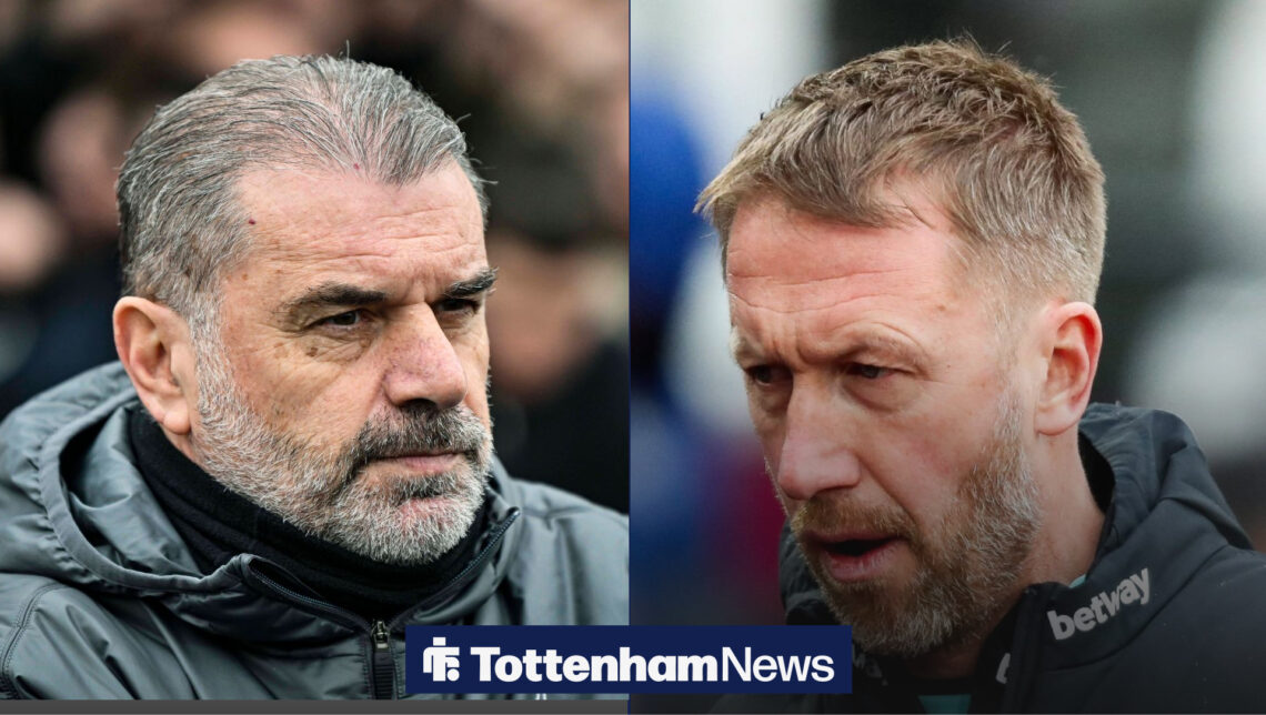 West Ham coach Graham Potter looking sad and former Tottenham manger Ange Postecoglou looking serious in split feature image