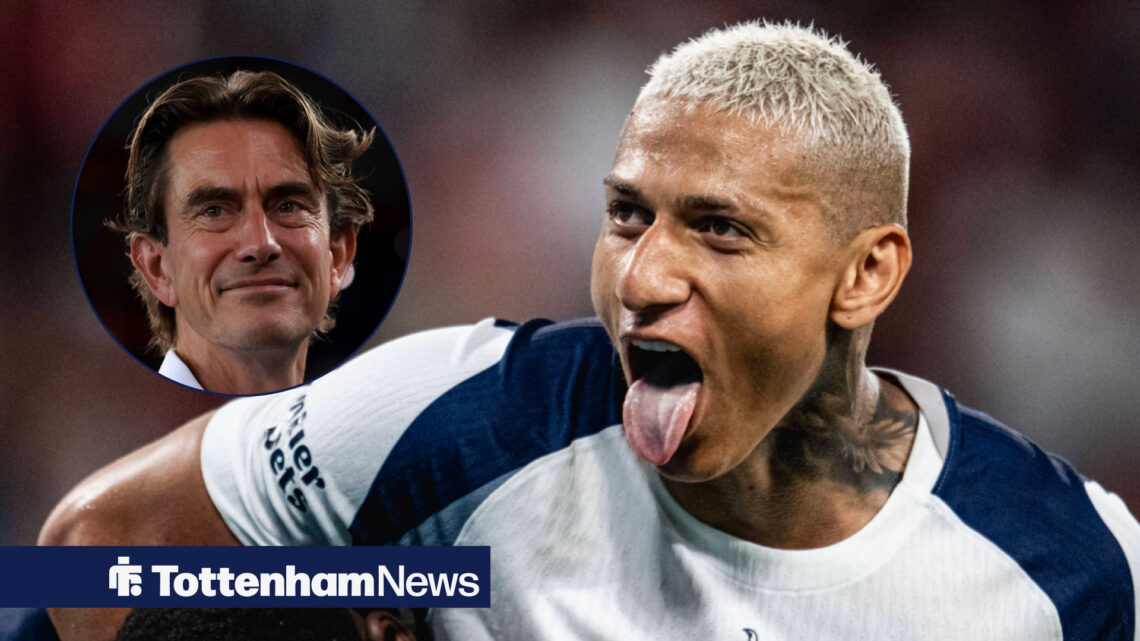 Tottenham star Richarlison celebrates with his tongue out while manager Thomas Frank watches on with a smile.