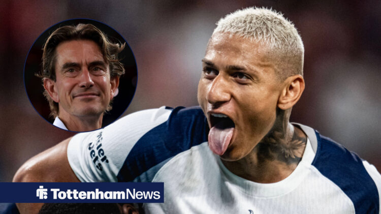 Tottenham star Richarlison celebrates with his tongue out while manager Thomas Frank watches on with a smile.