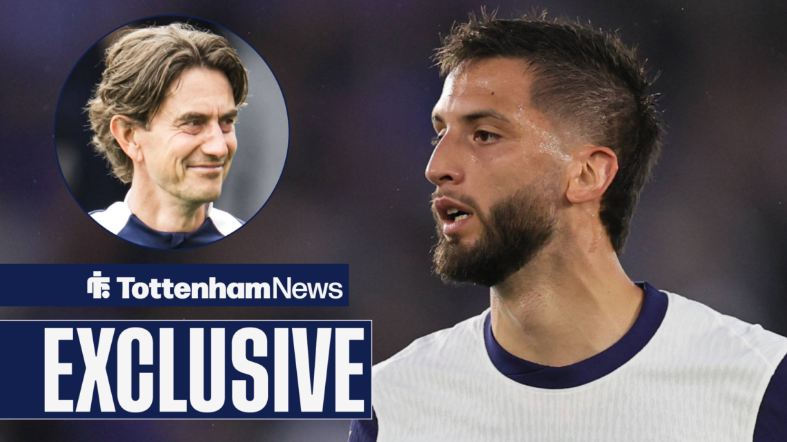 Tottenham News exclusive as Spurs manager Thomas Frank smiles at midfielder Rodrigo Bentancur.