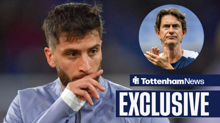 Tottenham News exclusive as Rodrigo Bentancur places a hand on his face nervously while Thomas Frank applauds with a stern expression.