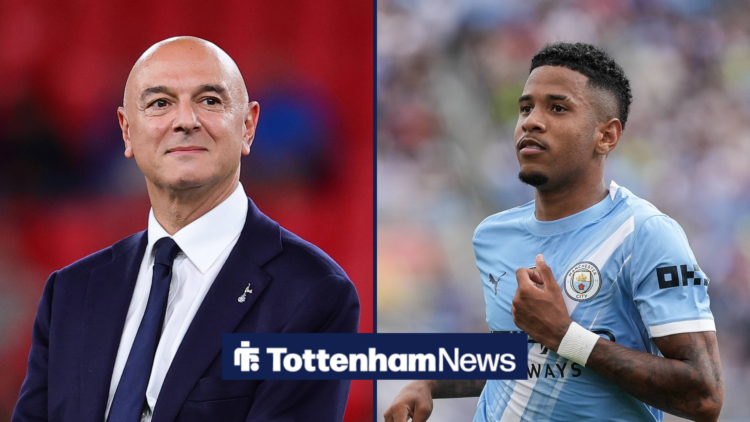 Tottenham target Savinho running and Daniel Levy smiling in split feature image