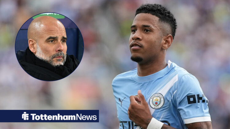 Manchester City winger and Tottenham target Savinho running and Pep Guardiola in circular inset