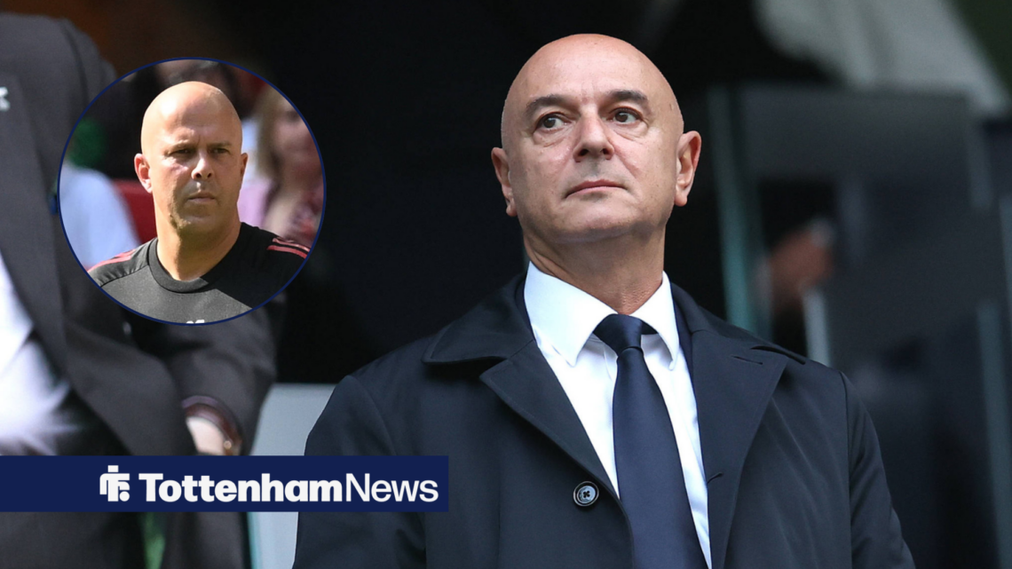 Tottenham chairman Daniel Levy looking stern and Arne Slot in circular inset