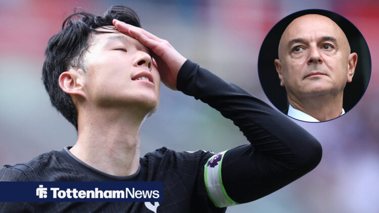Tottenham star Son Heung-min places his hand on his face as owner Daniel Levy watches on.