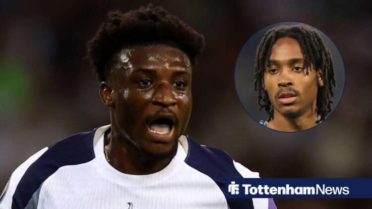 Tottenham forward Mohammed Kudus gasping and Tottenham fullback Djed Spence in circluar inset